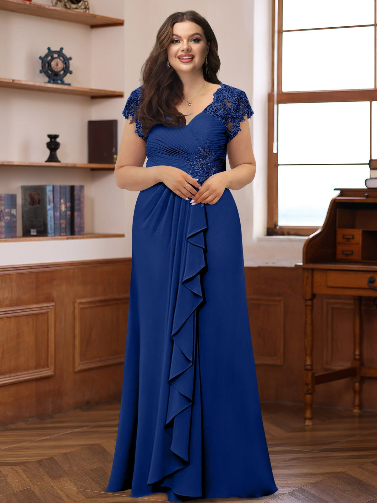 Plus Size V Neck A Line Dress with Short Sleeves Ruffles and Appliques for Mothers of the Bride & Groom