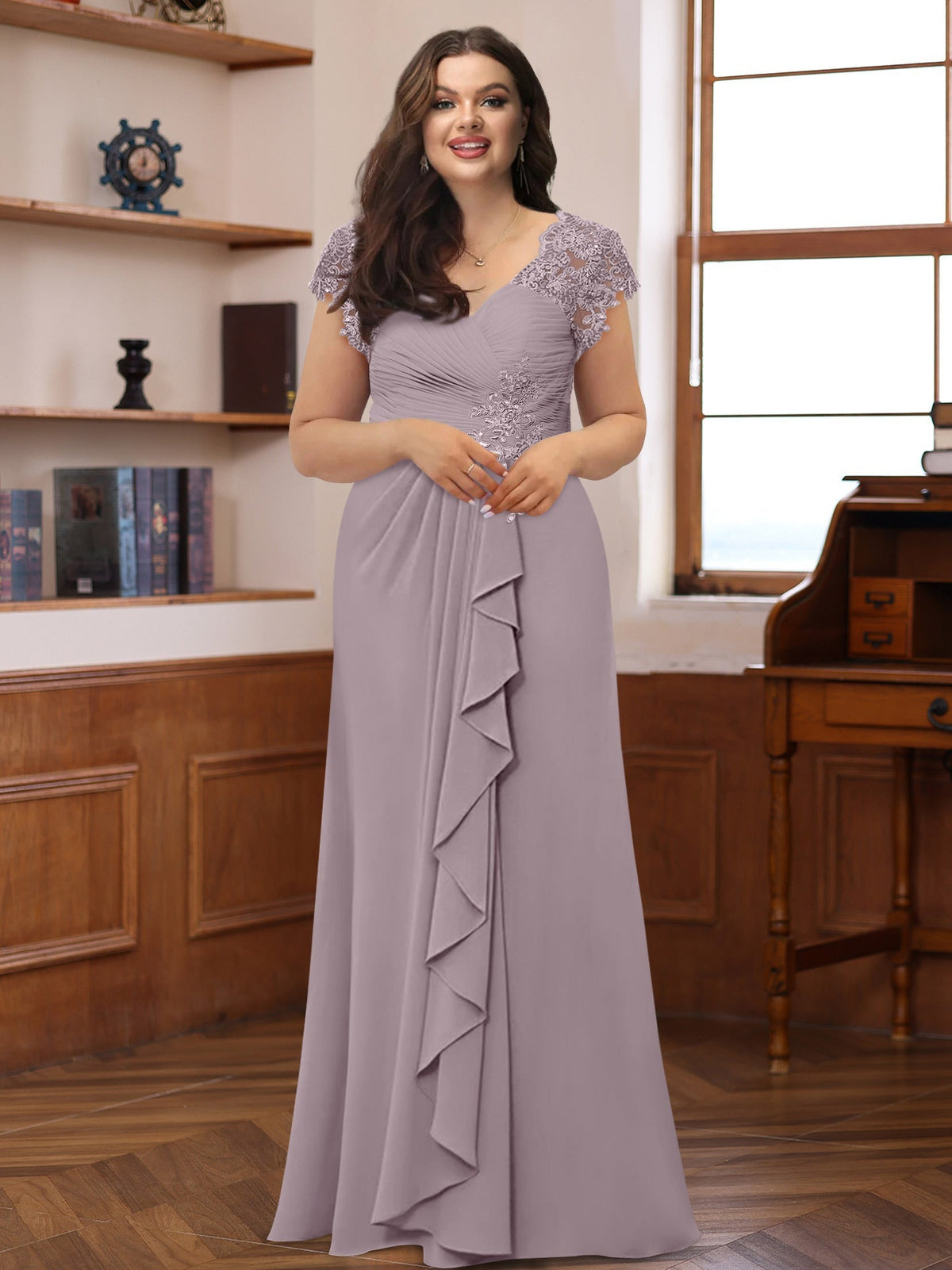 Plus Size V Neck A Line Dress with Short Sleeves Ruffles and Appliques for Mothers of the Bride & Groom