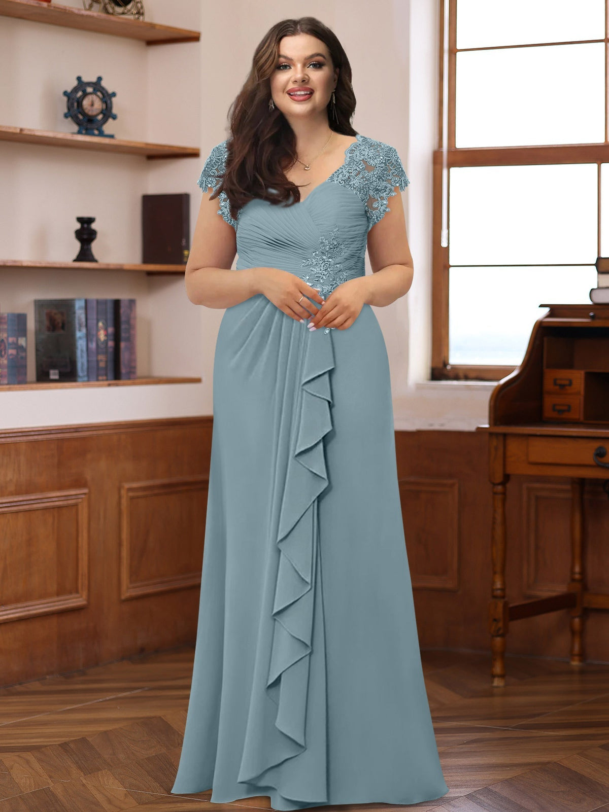 Plus Size V Neck A Line Dress with Short Sleeves Ruffles and Appliques for Mothers of the Bride & Groom
