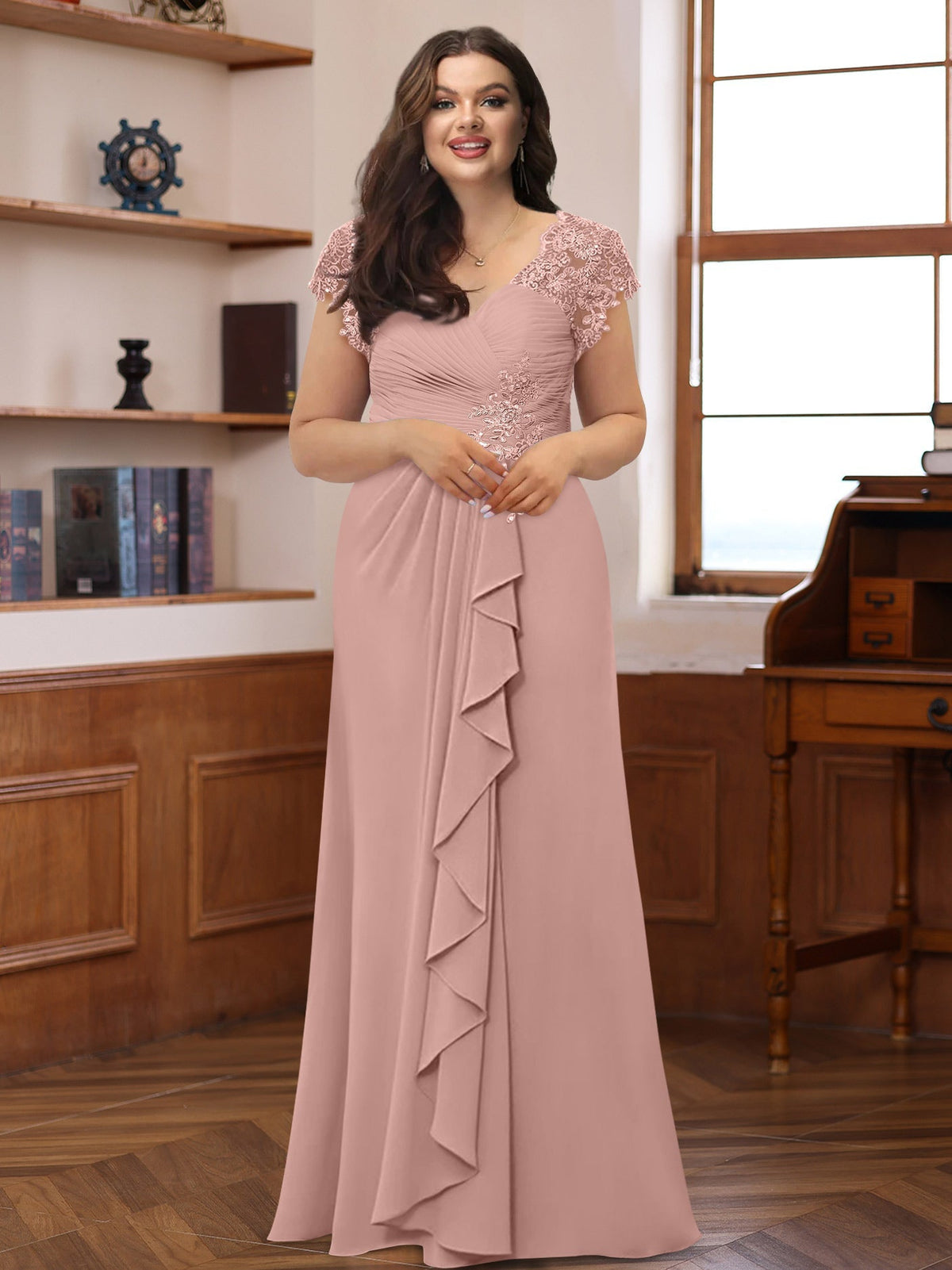 Plus Size V Neck A Line Dress with Short Sleeves Ruffles and Appliques for Mothers of the Bride & Groom