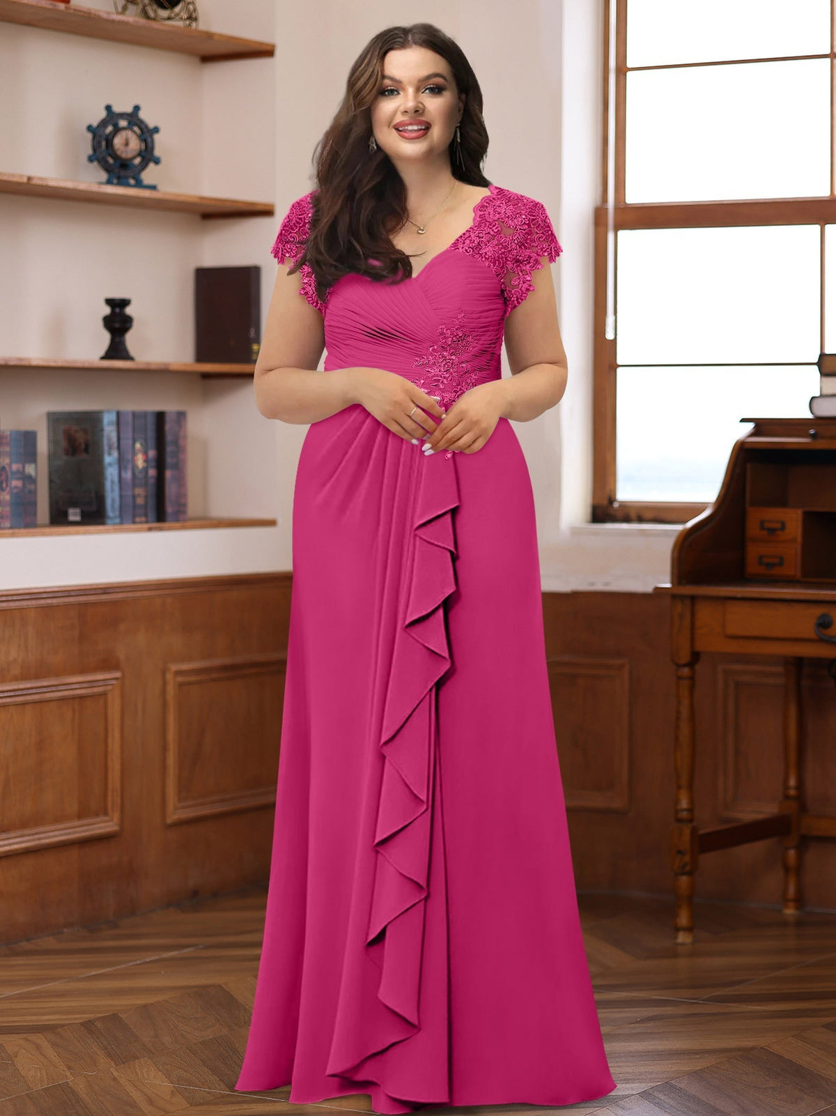 Plus Size V Neck A Line Dress with Short Sleeves Ruffles and Appliques for Mothers of the Bride & Groom