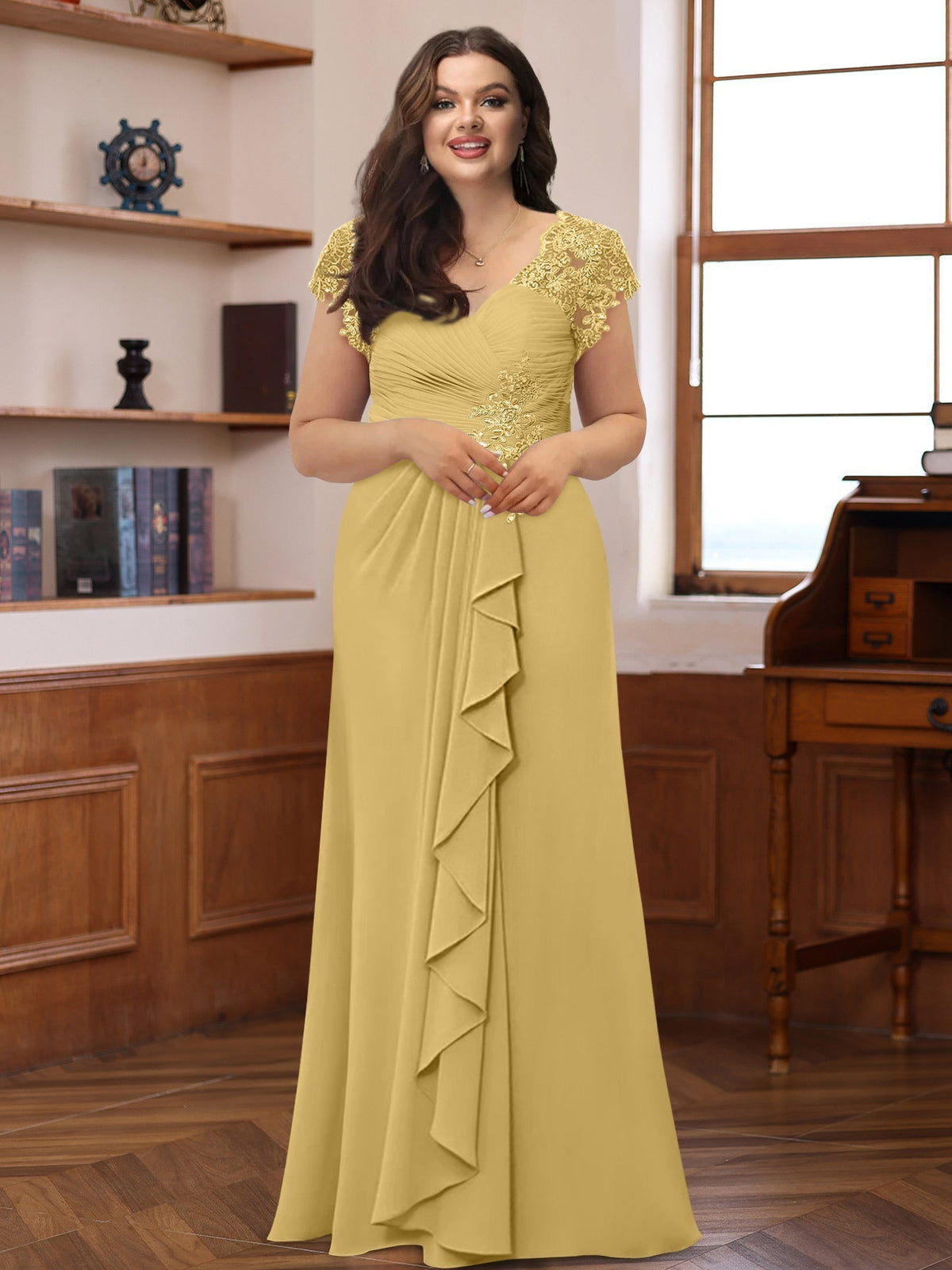 Plus Size V Neck A Line Dress with Short Sleeves Ruffles and Appliques for Mothers of the Bride & Groom