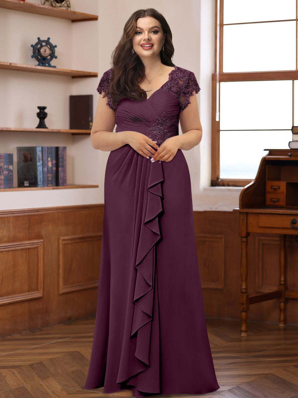Plus Size V Neck A Line Dress with Short Sleeves Ruffles and Appliques for Mothers of the Bride & Groom