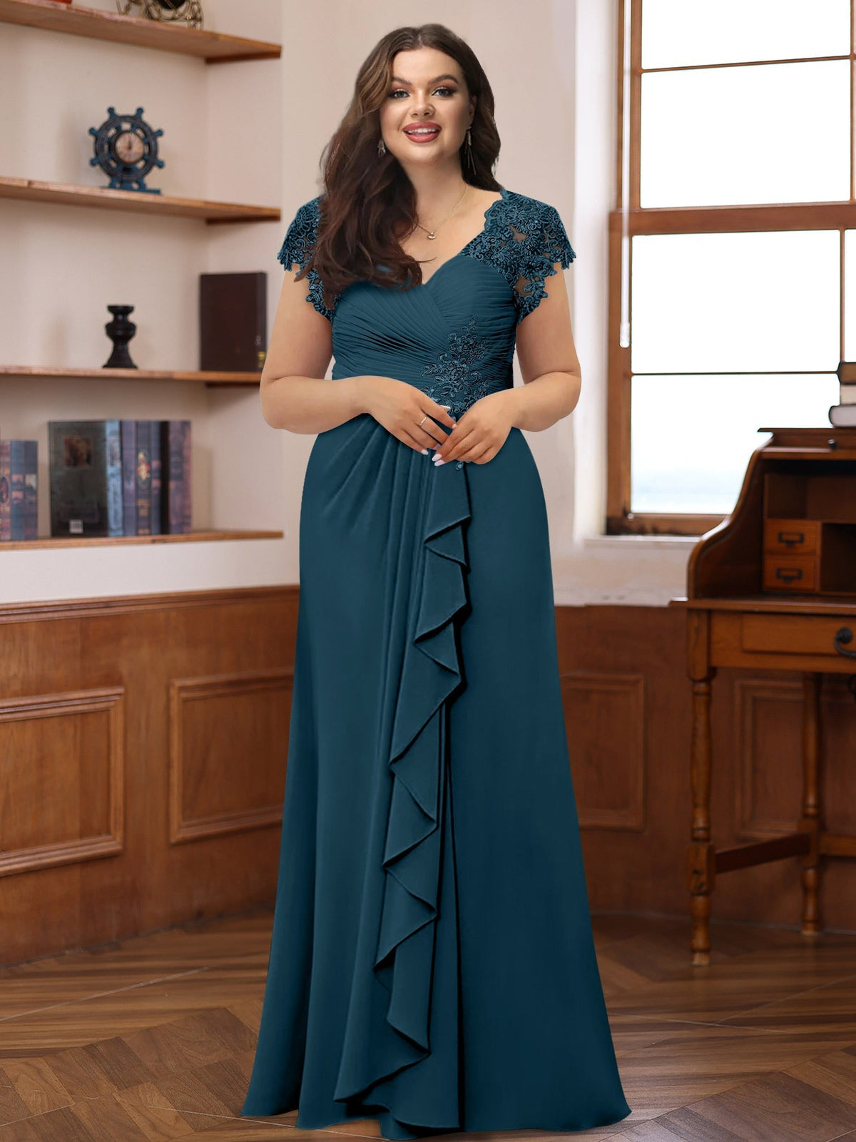 Plus Size V Neck A Line Dress with Short Sleeves Ruffles and Appliques for Mothers of the Bride & Groom