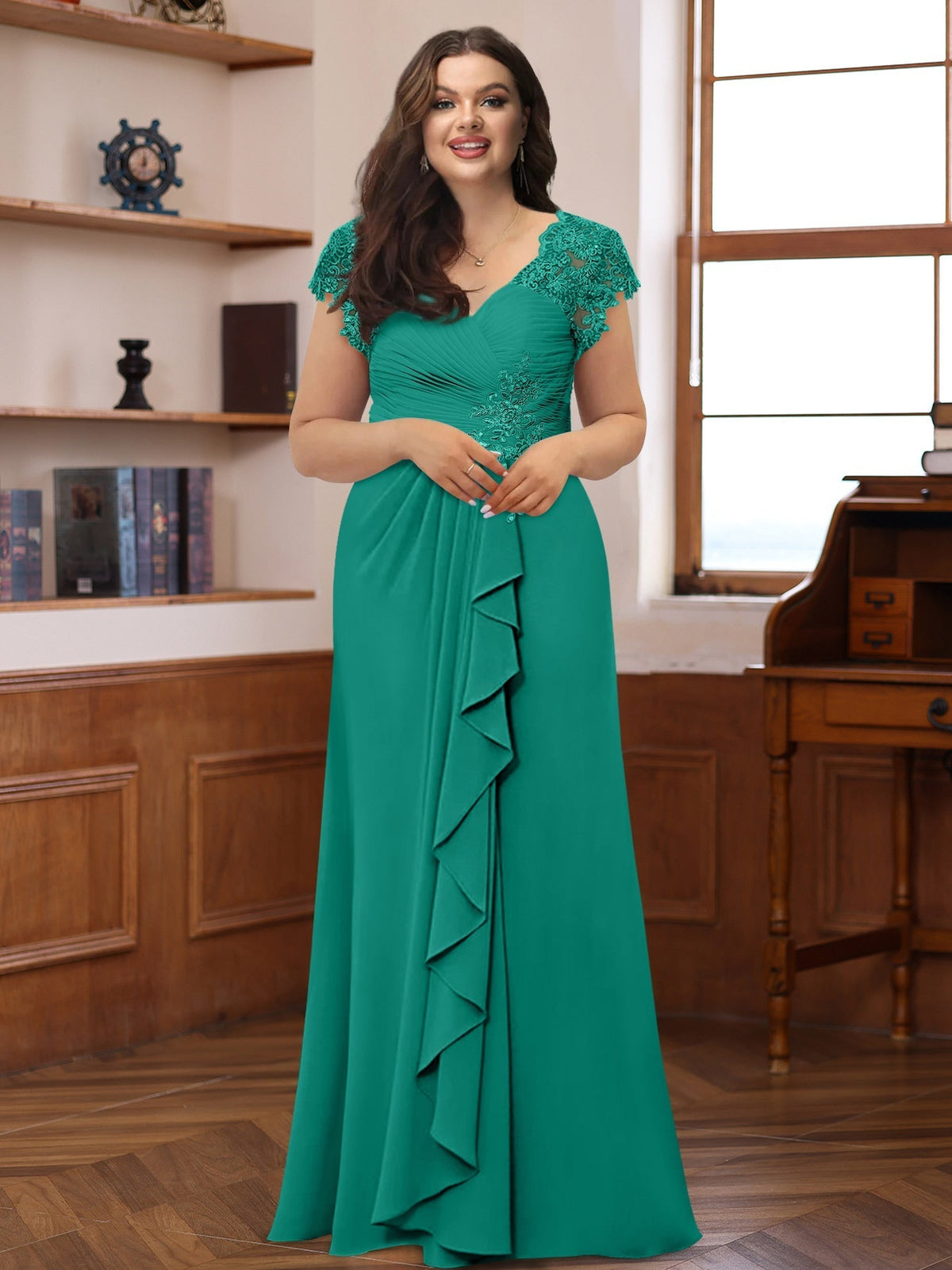 Plus Size V Neck A Line Dress with Short Sleeves Ruffles and Appliques for Mothers of the Bride & Groom