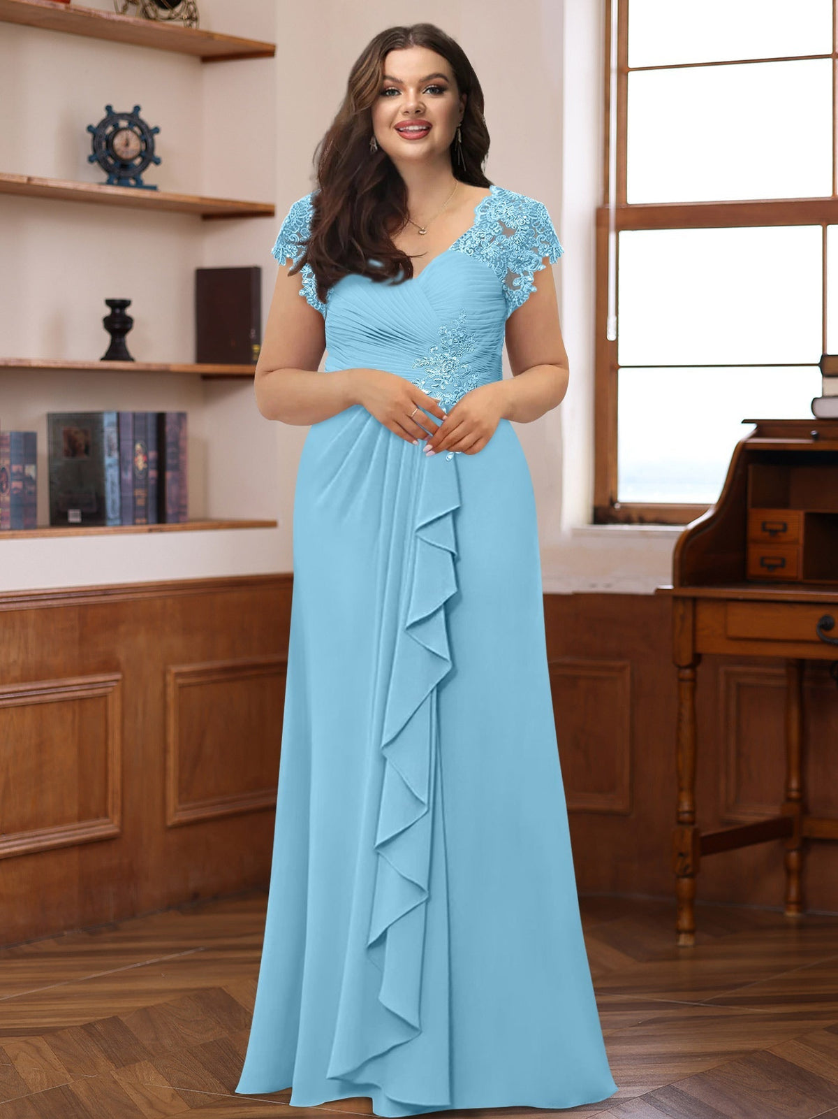 Plus Size V Neck A Line Dress with Short Sleeves Ruffles and Appliques for Mothers of the Bride & Groom
