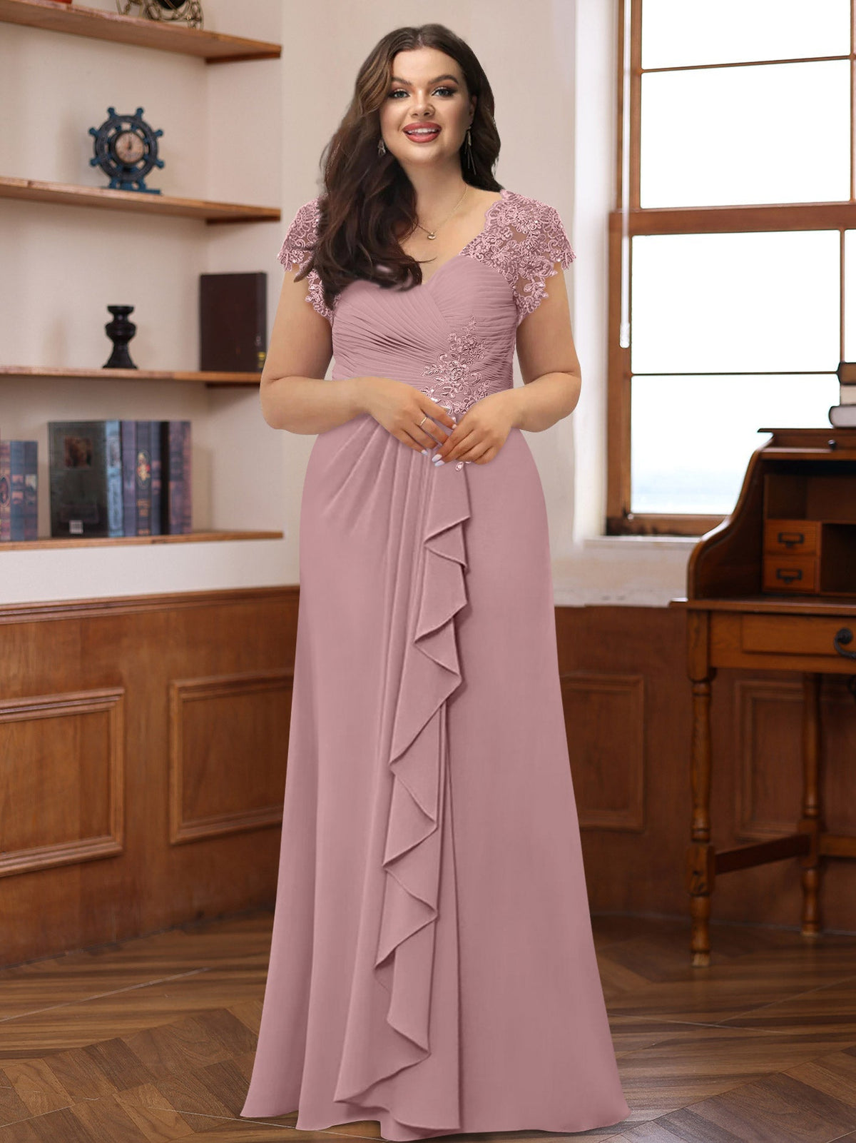 Plus Size V Neck A Line Dress with Short Sleeves Ruffles and Appliques for Mothers of the Bride & Groom