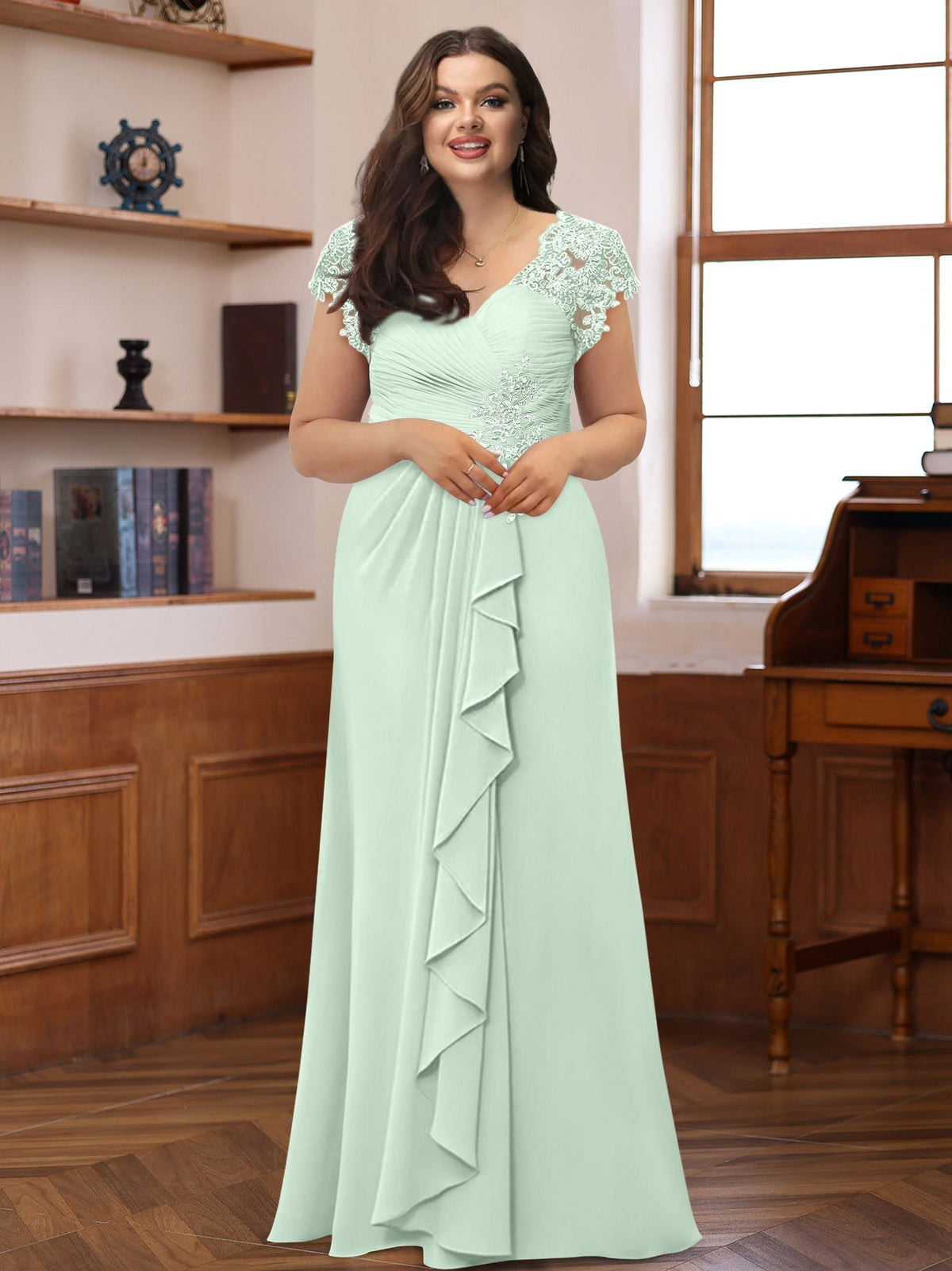 Plus Size V Neck A Line Dress with Short Sleeves Ruffles and Appliques for Mothers of the Bride & Groom