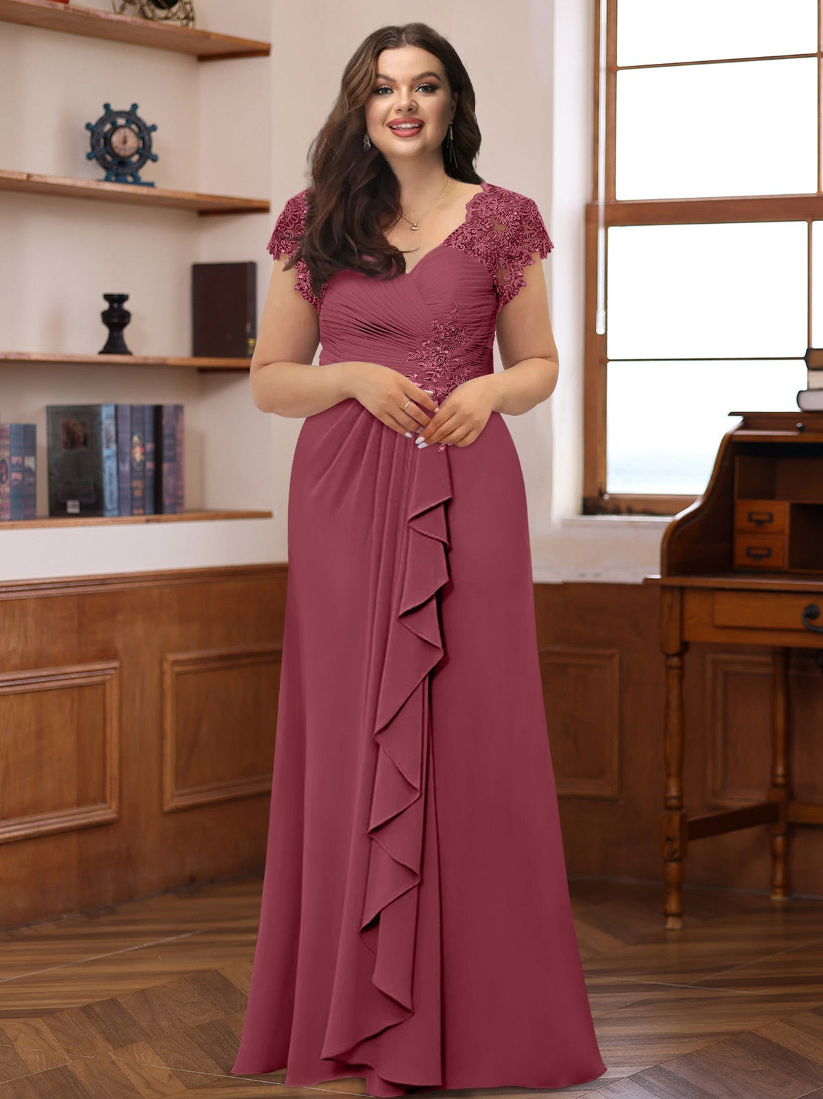 Plus Size V Neck A Line Dress with Short Sleeves Ruffles and Appliques for Mothers of the Bride & Groom