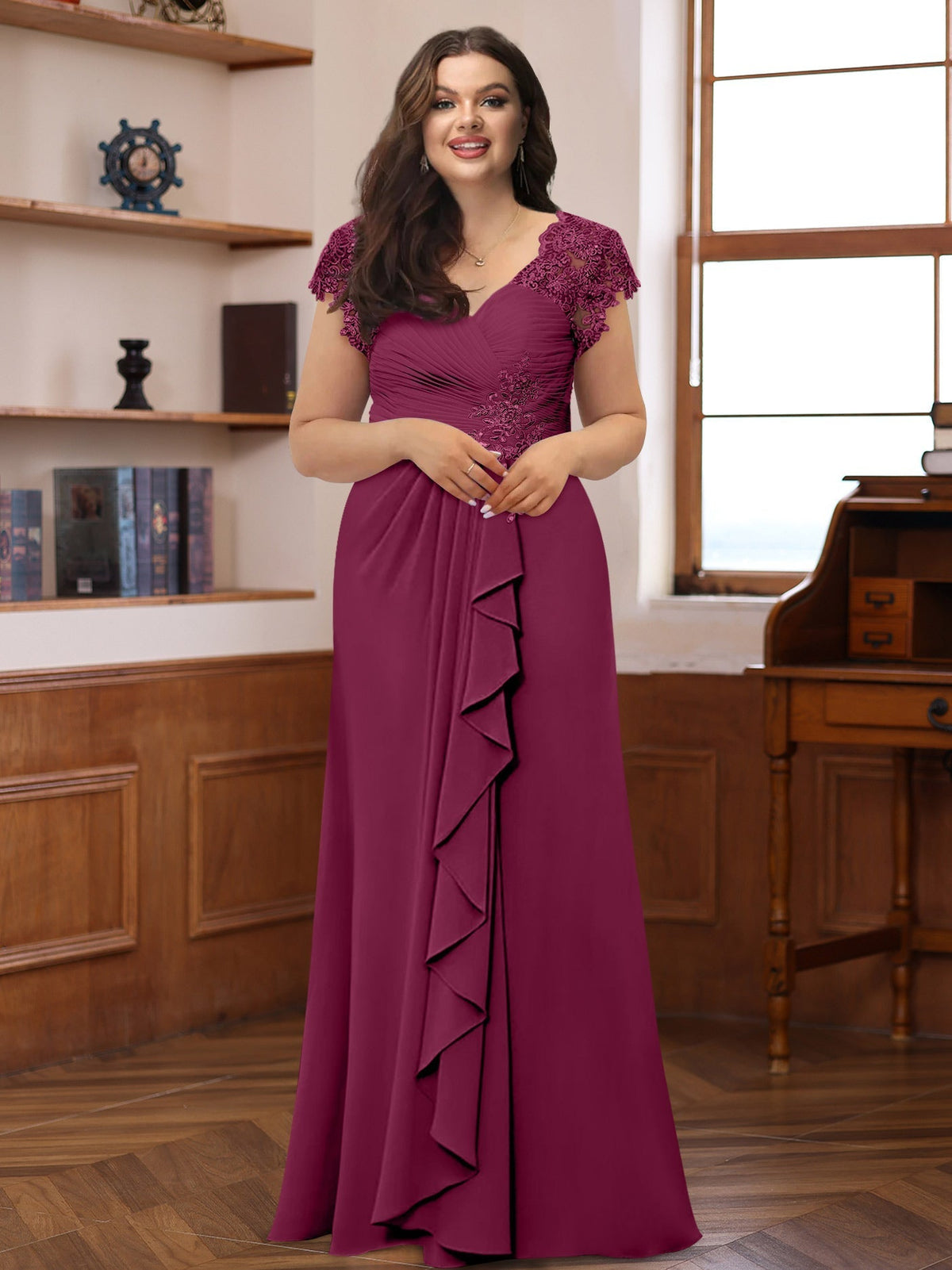 Plus Size V Neck A Line Dress with Short Sleeves Ruffles and Appliques for Mothers of the Bride & Groom