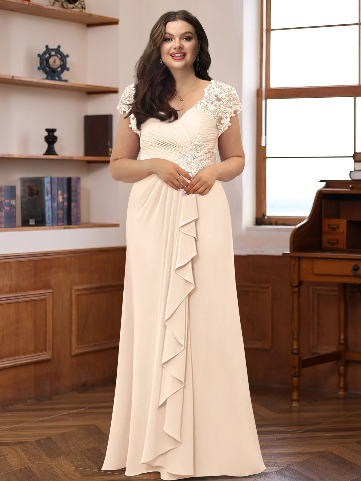 Plus Size V Neck A Line Dress with Short Sleeves Ruffles and Appliques for Mothers of the Bride & Groom