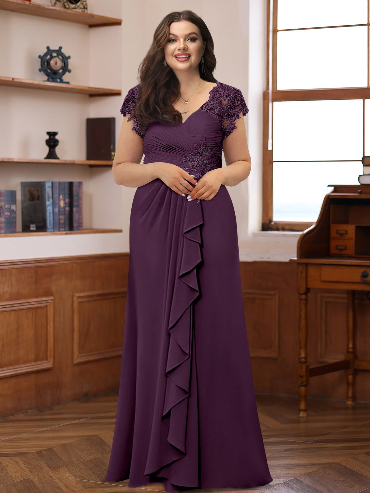 Plus Size V Neck A Line Dress with Short Sleeves Ruffles and Appliques for Mothers of the Bride & Groom