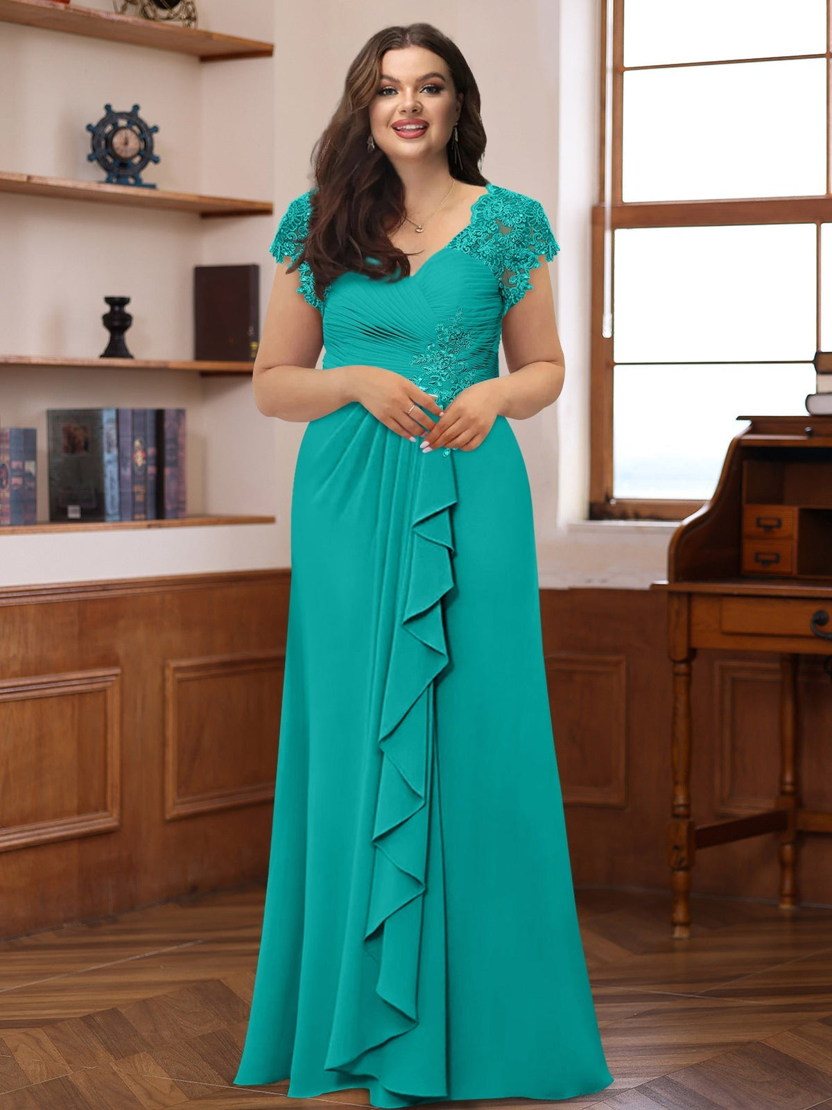 Plus Size V Neck A Line Dress with Short Sleeves Ruffles and Appliques for Mothers of the Bride & Groom