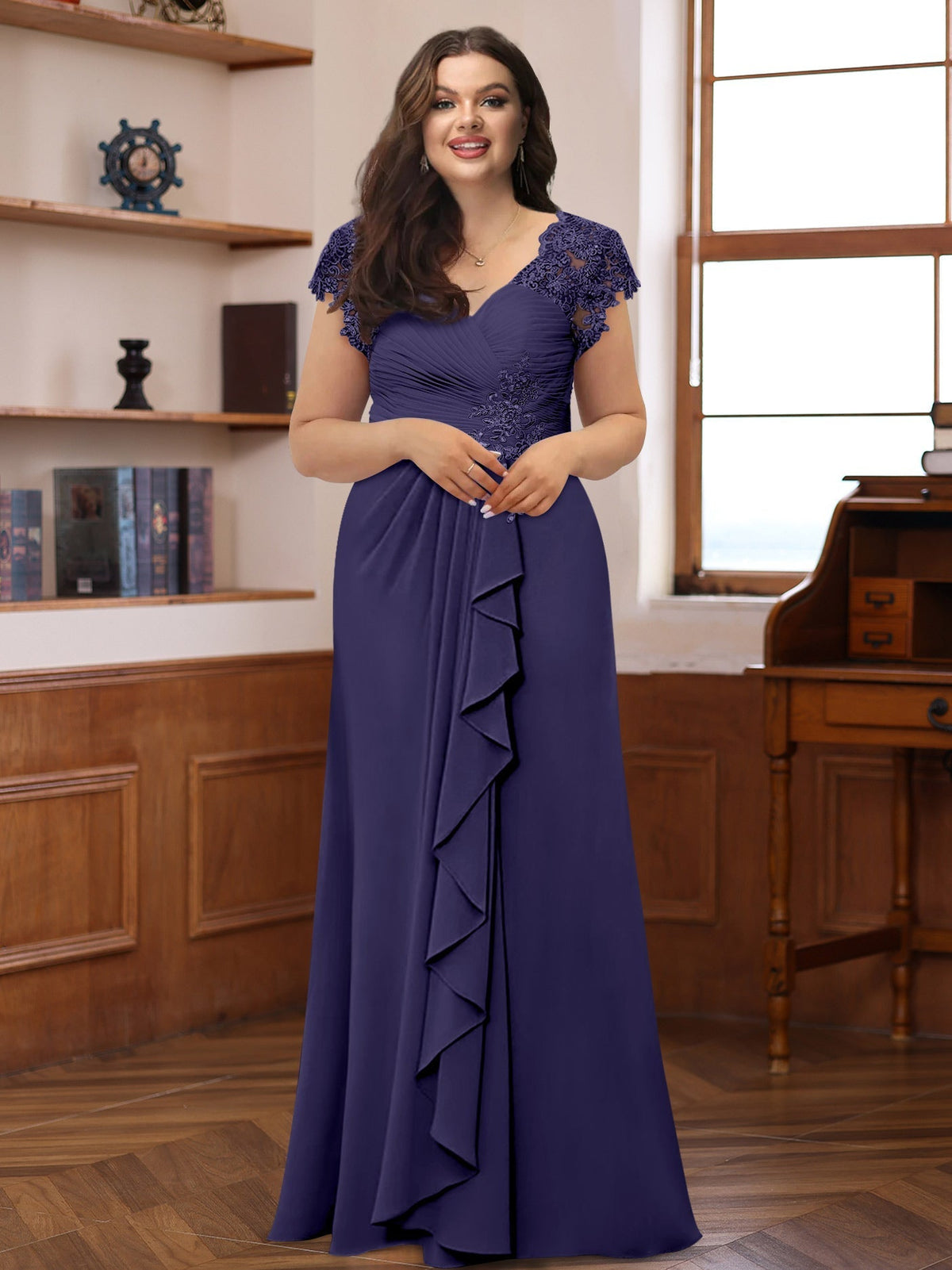 Plus Size V Neck A Line Dress with Short Sleeves Ruffles and Appliques for Mothers of the Bride & Groom