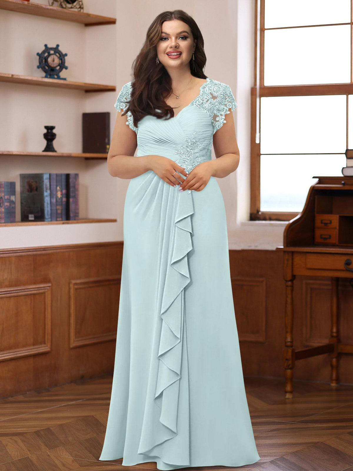 Plus Size V Neck A Line Dress with Short Sleeves Ruffles and Appliques for Mothers of the Bride & Groom