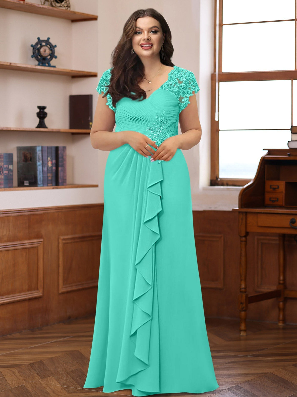 Plus Size V Neck A Line Dress with Short Sleeves Ruffles and Appliques for Mothers of the Bride & Groom