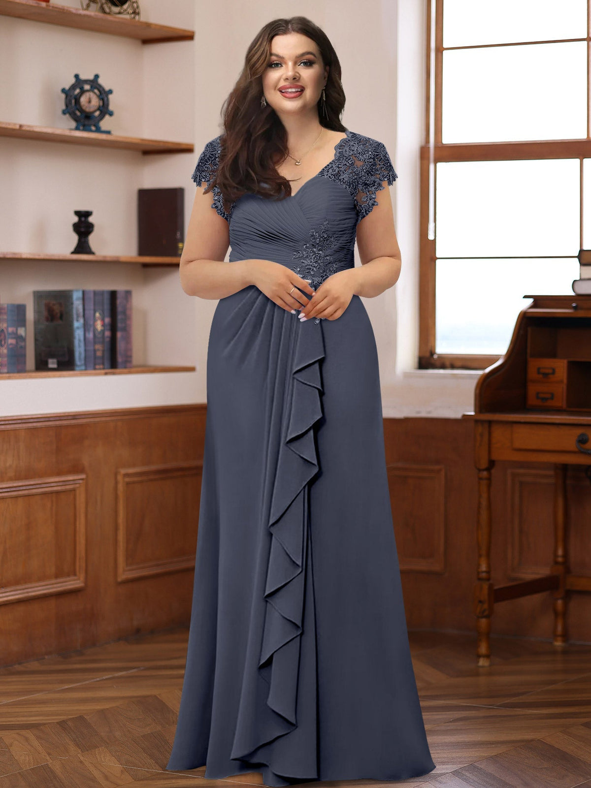 Plus Size V Neck A Line Dress with Short Sleeves Ruffles and Appliques for Mothers of the Bride & Groom