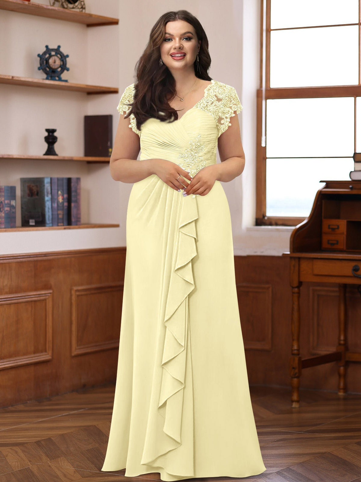 Plus Size V Neck A Line Dress with Short Sleeves Ruffles and Appliques for Mothers of the Bride & Groom