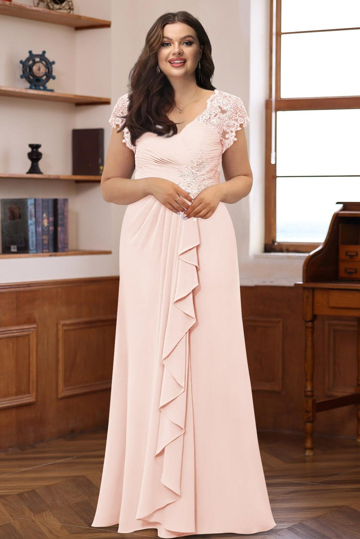 Plus Size V Neck A Line Dress with Short Sleeves Ruffles and Appliques for Mothers of the Bride & Groom