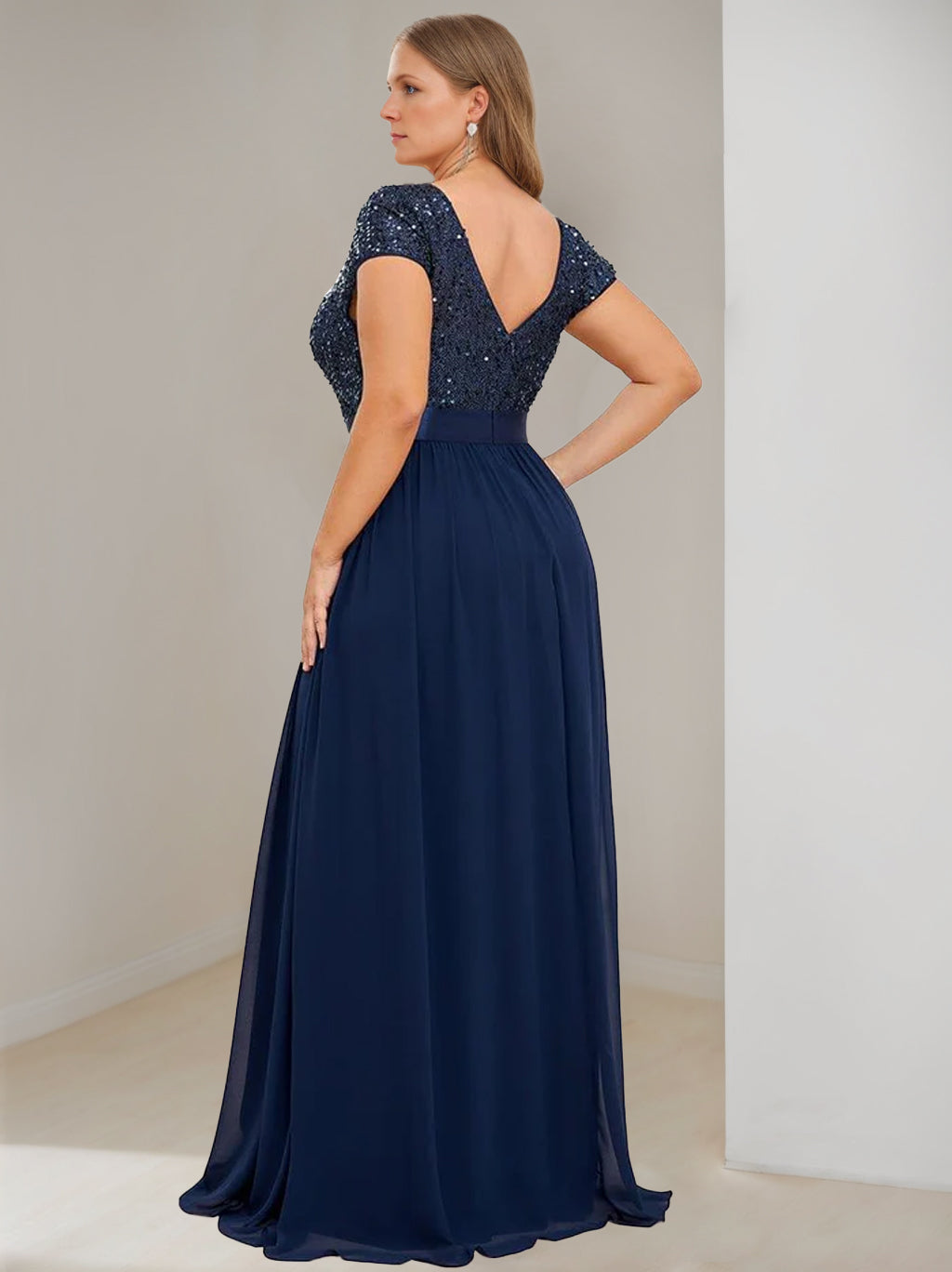 Plus Size V Neck A Line Long Chiffon Mother Of The Bride Dress with Ribbon and Short Sleeves