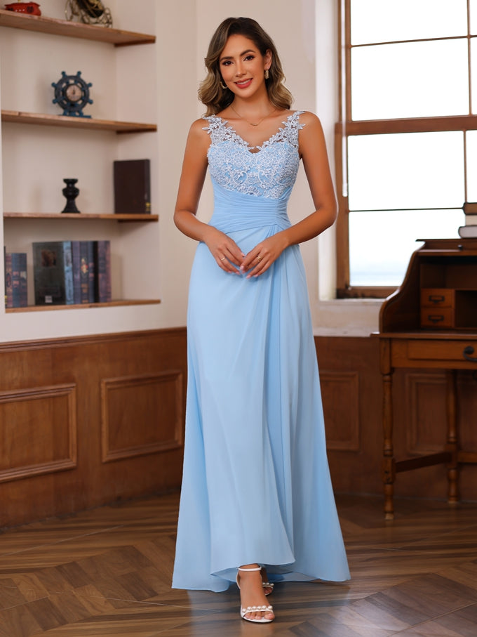 Plus Size V Neck A Line Long Mother of the Bride Dress with Appliques Ruffles & Wrap in 2 Pics