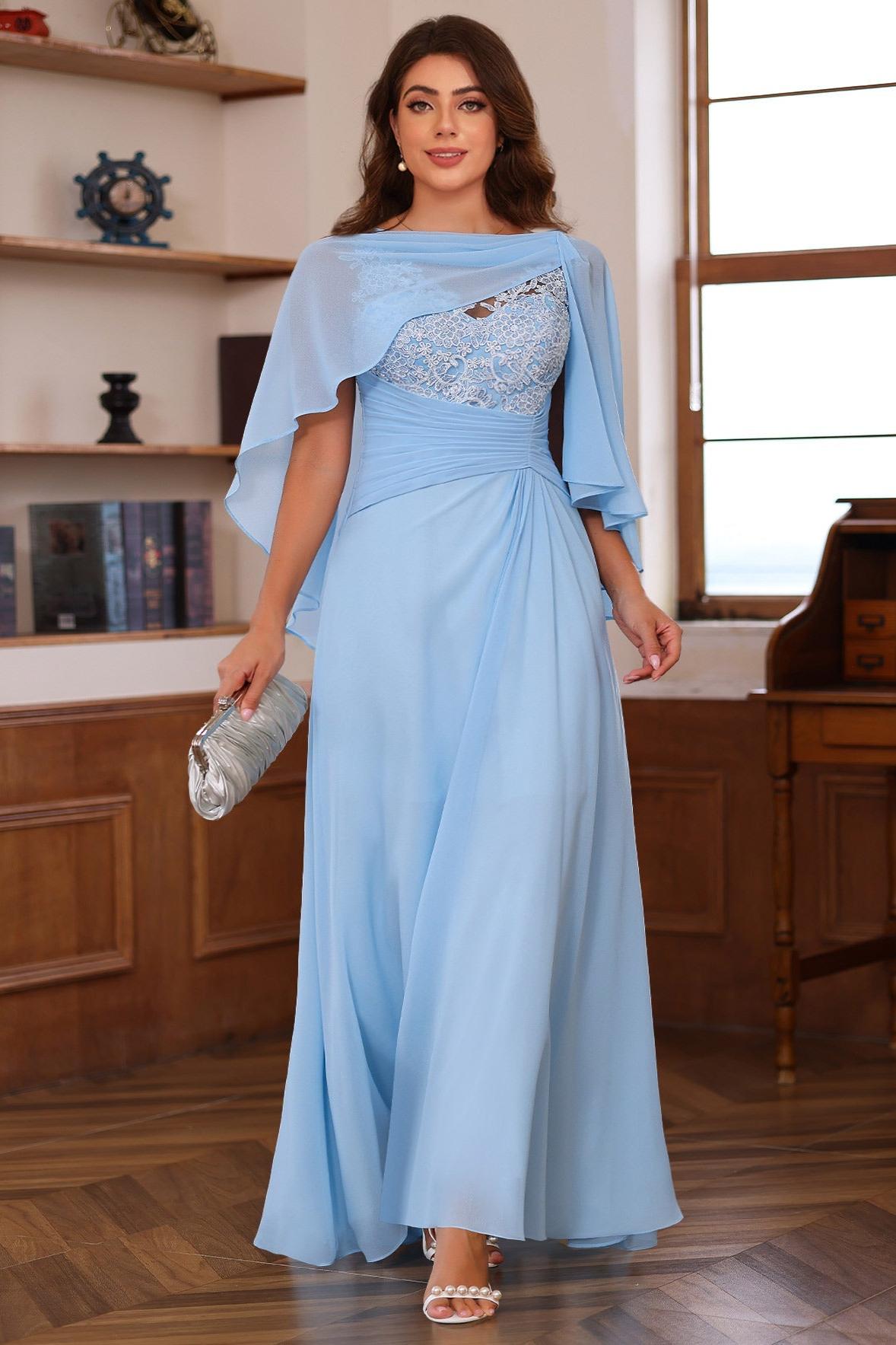 Plus Size V Neck A Line Long Mother of the Bride Dress with Appliques Ruffles & Wrap in 2 Pics