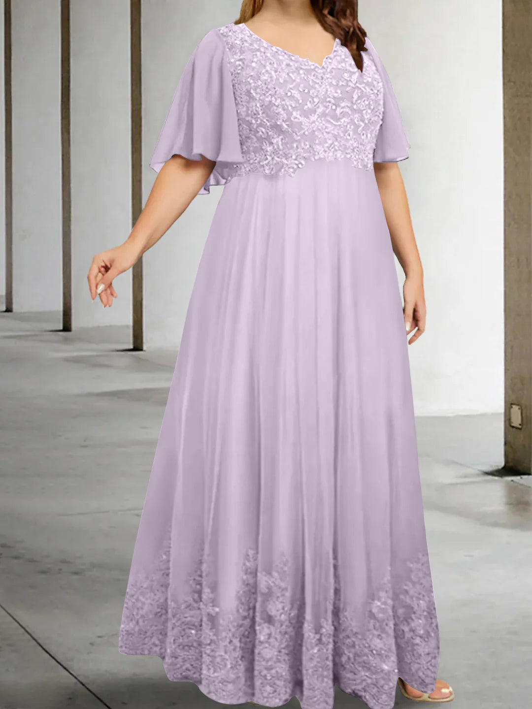 Plus Size V Neck A Line Long Mother of the Bride Dress with Appliques and Half Sleeves