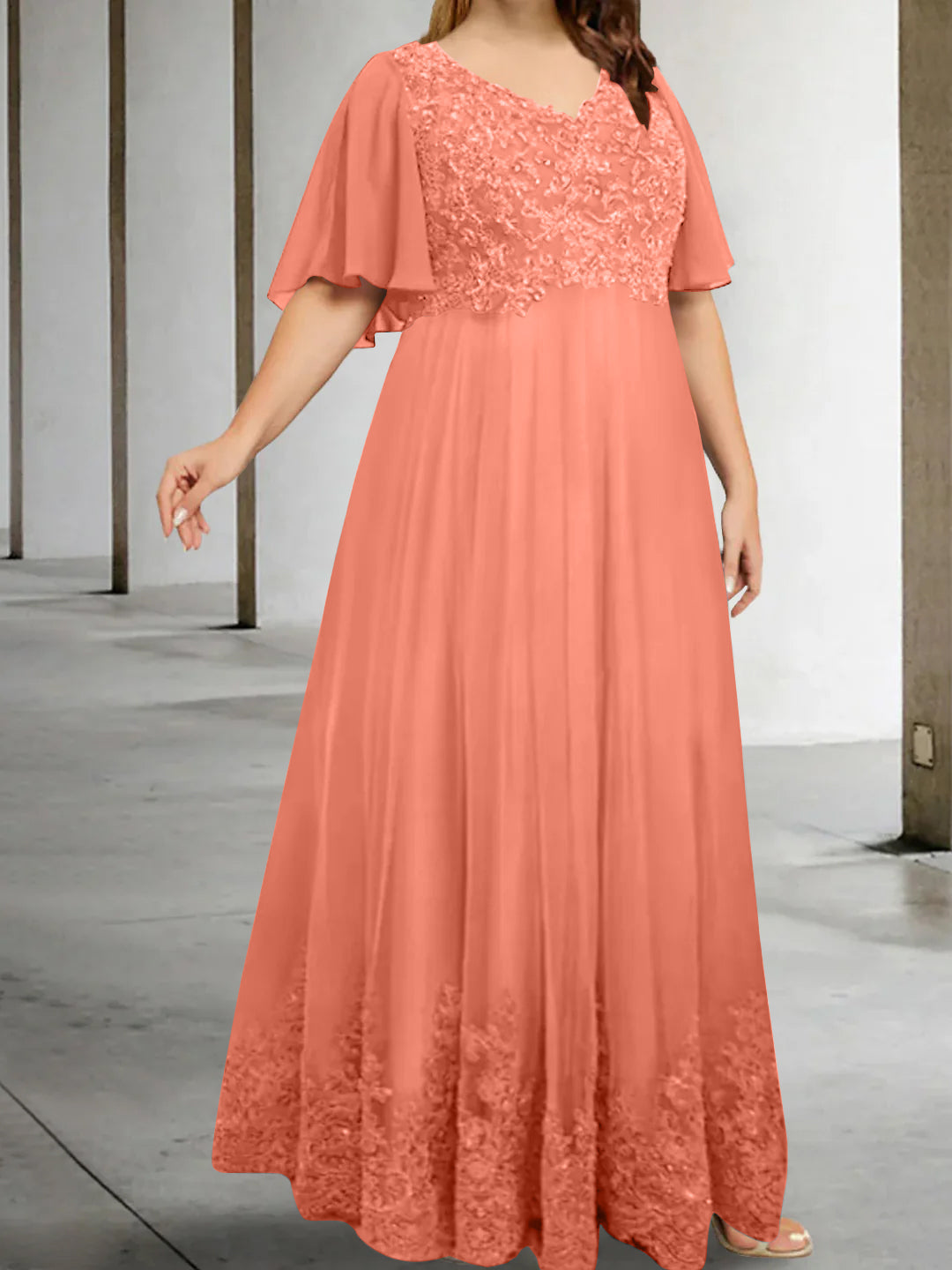 Plus Size V Neck A Line Long Mother of the Bride Dress with Appliques and Half Sleeves