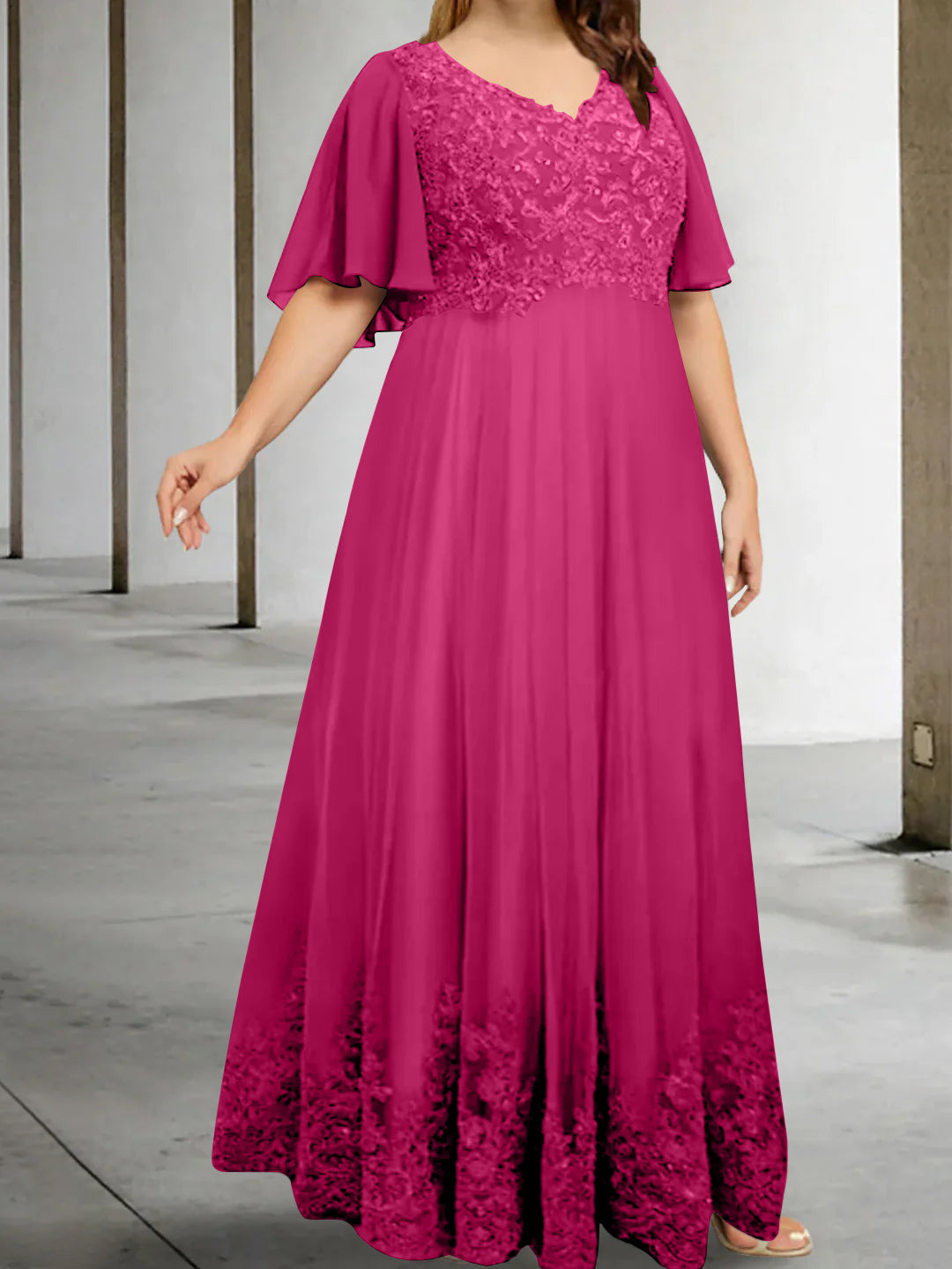 Plus Size V Neck A Line Long Mother of the Bride Dress with Appliques and Half Sleeves