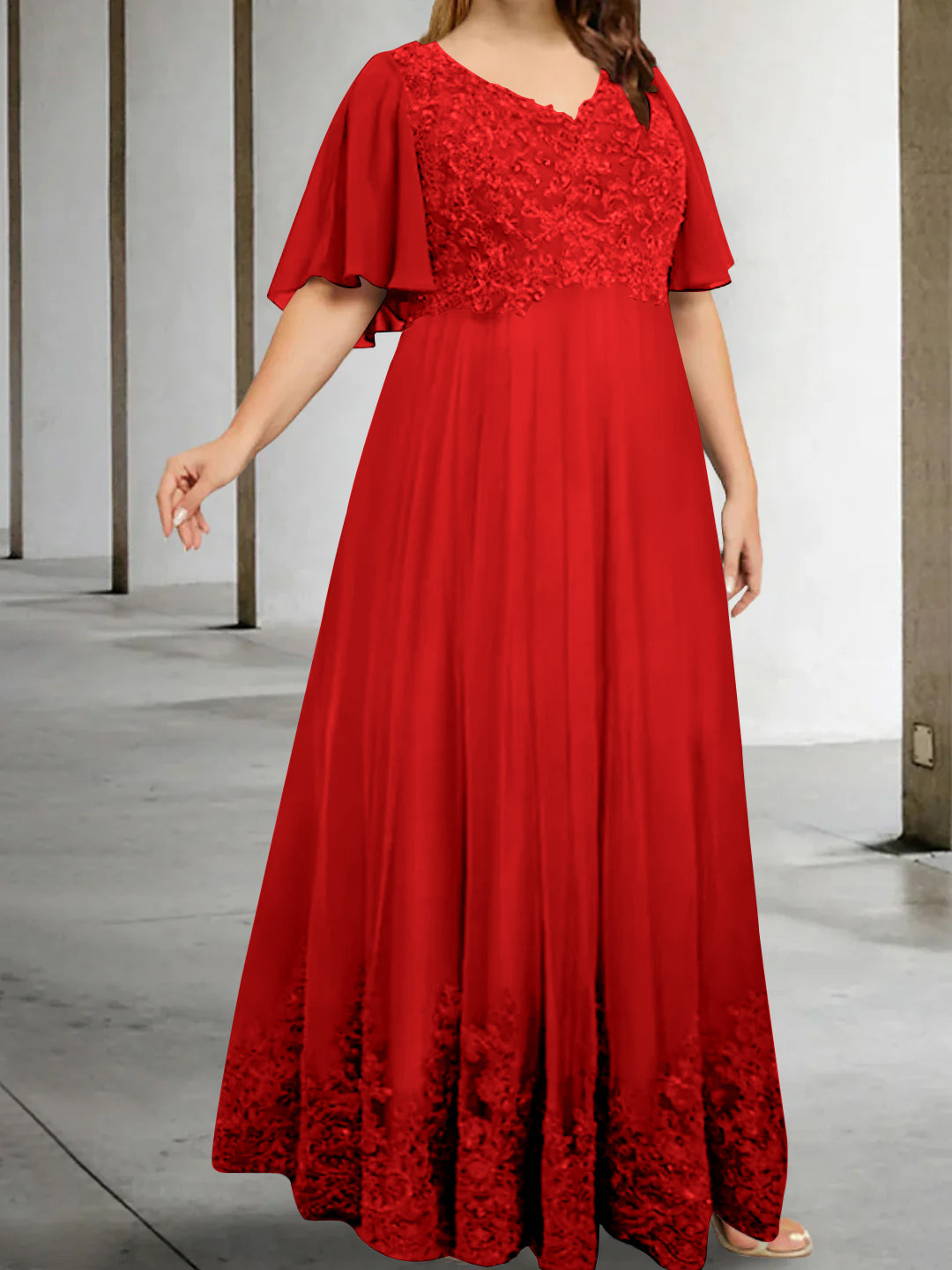 Plus Size V Neck A Line Long Mother of the Bride Dress with Appliques and Half Sleeves