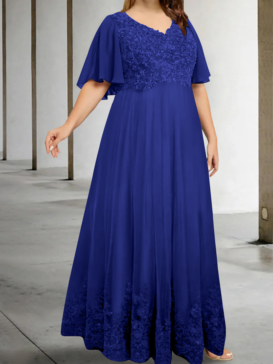 Plus Size V Neck A Line Long Mother of the Bride Dress with Appliques and Half Sleeves