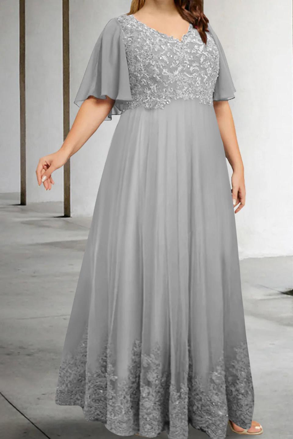 Plus Size V Neck A Line Long Mother of the Bride Dress with Appliques and Half Sleeves