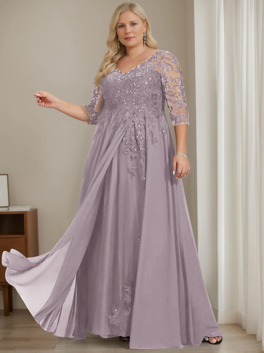 Plus Size V Neck A Line Long Mother of the Bride Dress with Half Sleeves and Sequins