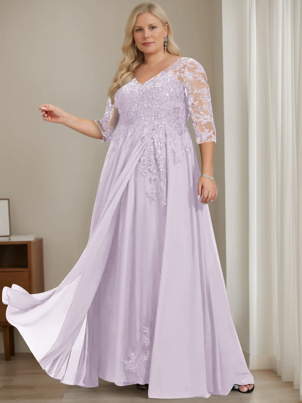 Plus Size V Neck A Line Long Mother of the Bride Dress with Half Sleeves and Sequins