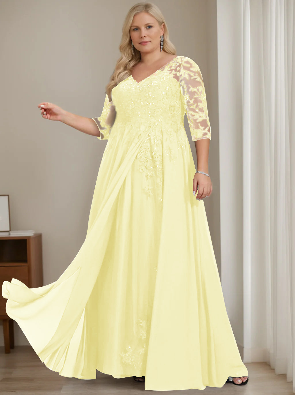 Plus Size V Neck A Line Long Mother of the Bride Dress with Half Sleeves and Sequins