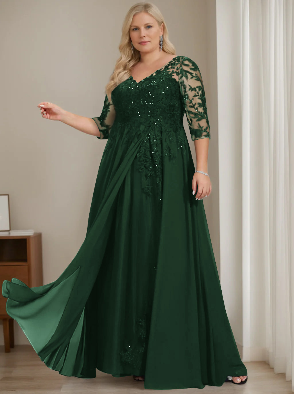Plus Size V Neck A Line Long Mother of the Bride Dress with Half Sleeves and Sequins