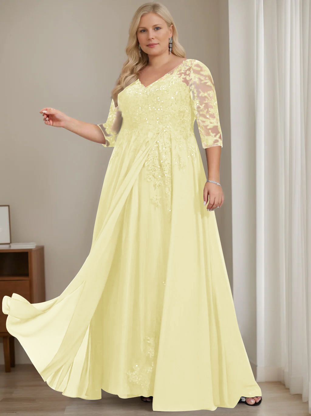 Plus Size V Neck A Line Long Mother of the Bride Dress with Half Sleeves and Sequins
