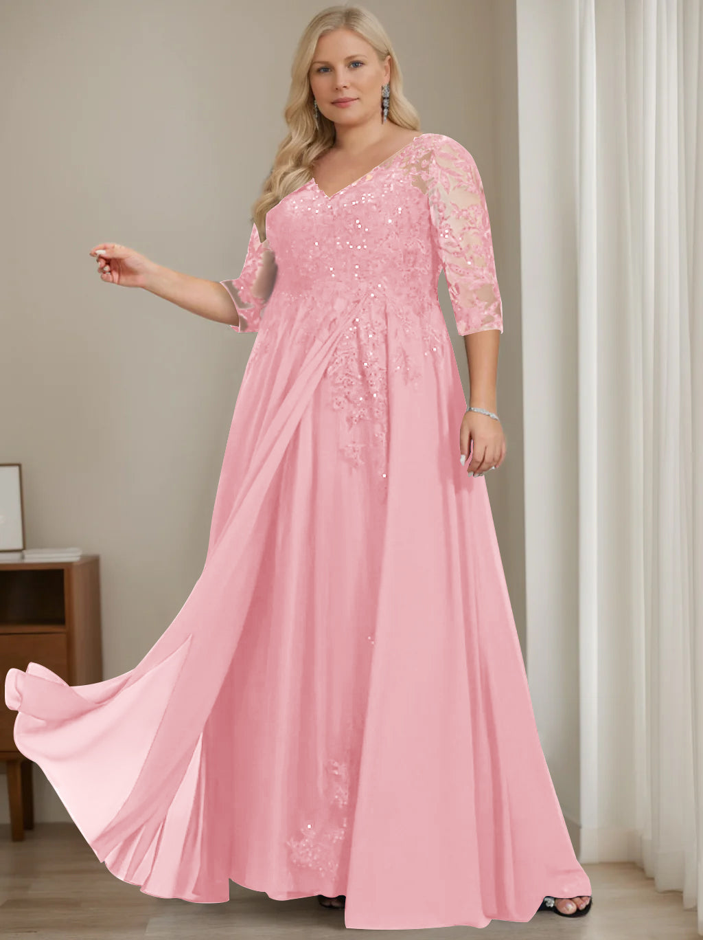 Plus Size V Neck A Line Long Mother of the Bride Dress with Half Sleeves and Sequins