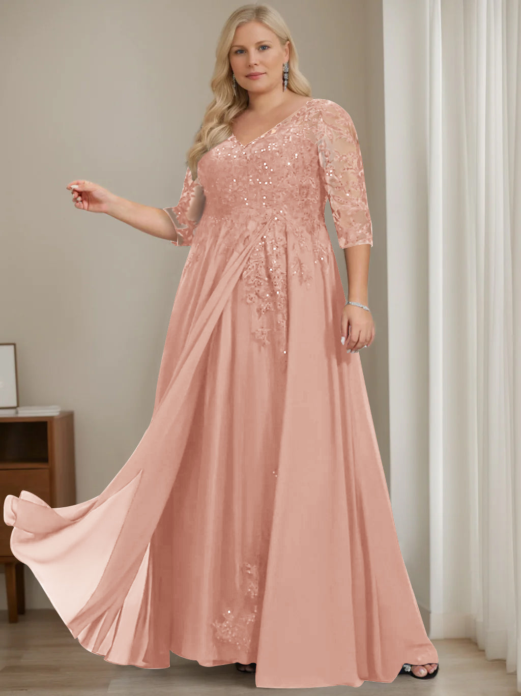 Plus Size V Neck A Line Long Mother of the Bride Dress with Half Sleeves and Sequins