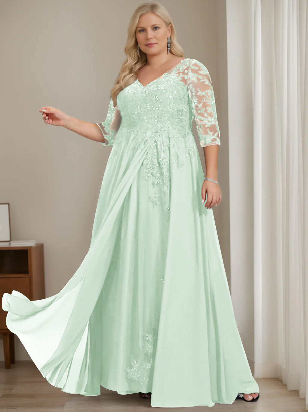 Plus Size V Neck A Line Long Mother of the Bride Dress with Half Sleeves and Sequins