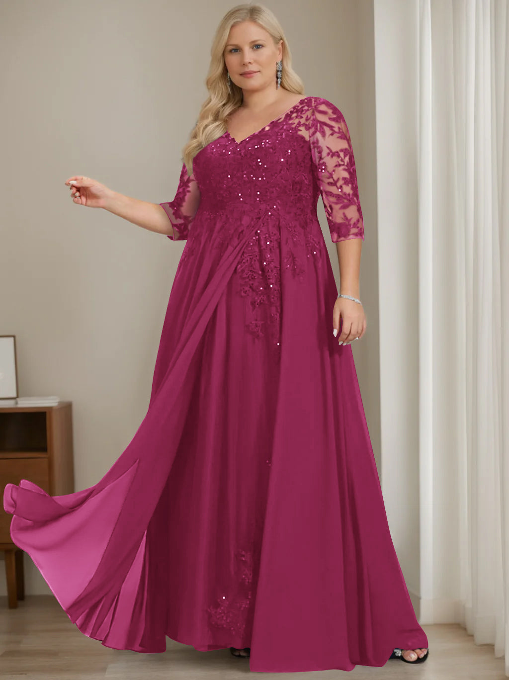 Plus Size V Neck A Line Long Mother of the Bride Dress with Half Sleeves and Sequins