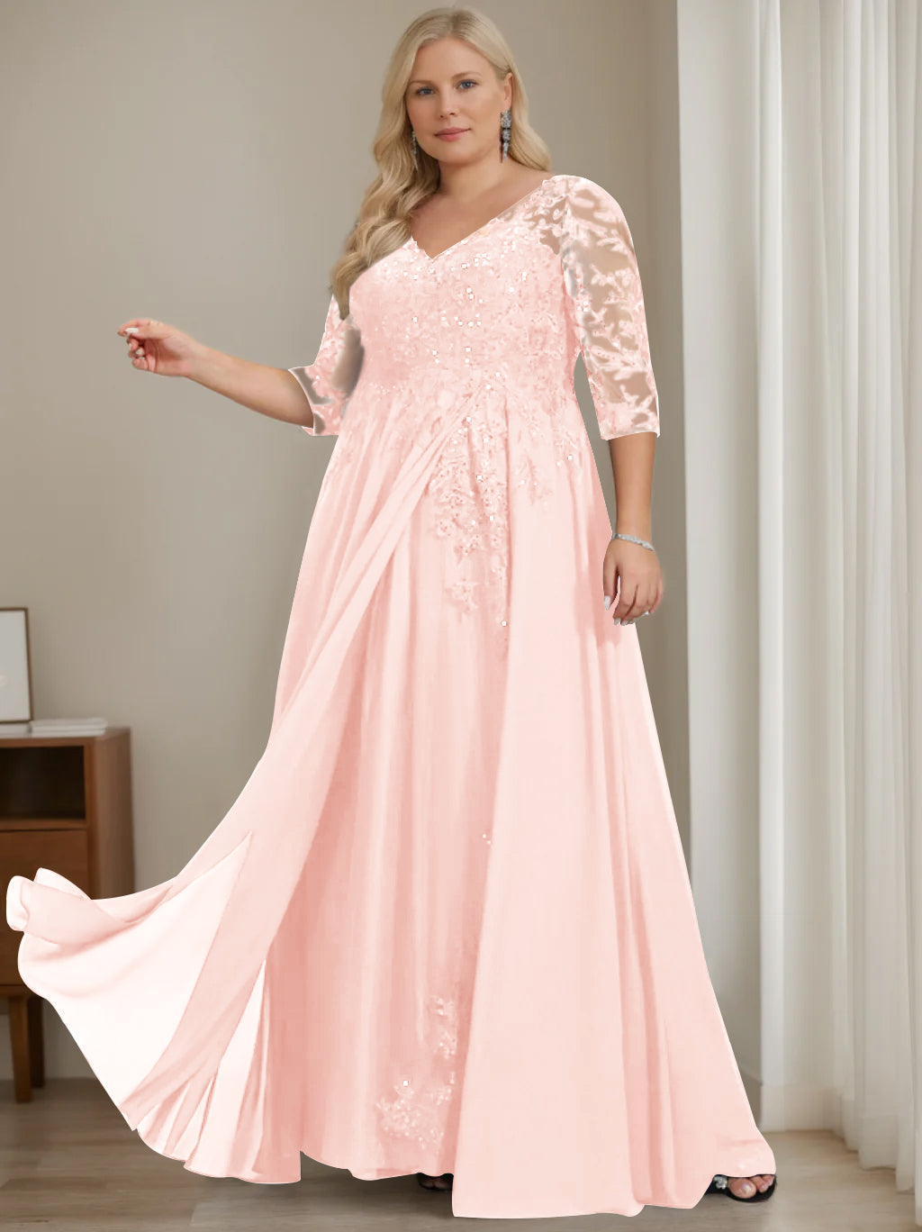 Plus Size V Neck A Line Long Mother of the Bride Dress with Half Sleeves and Sequins