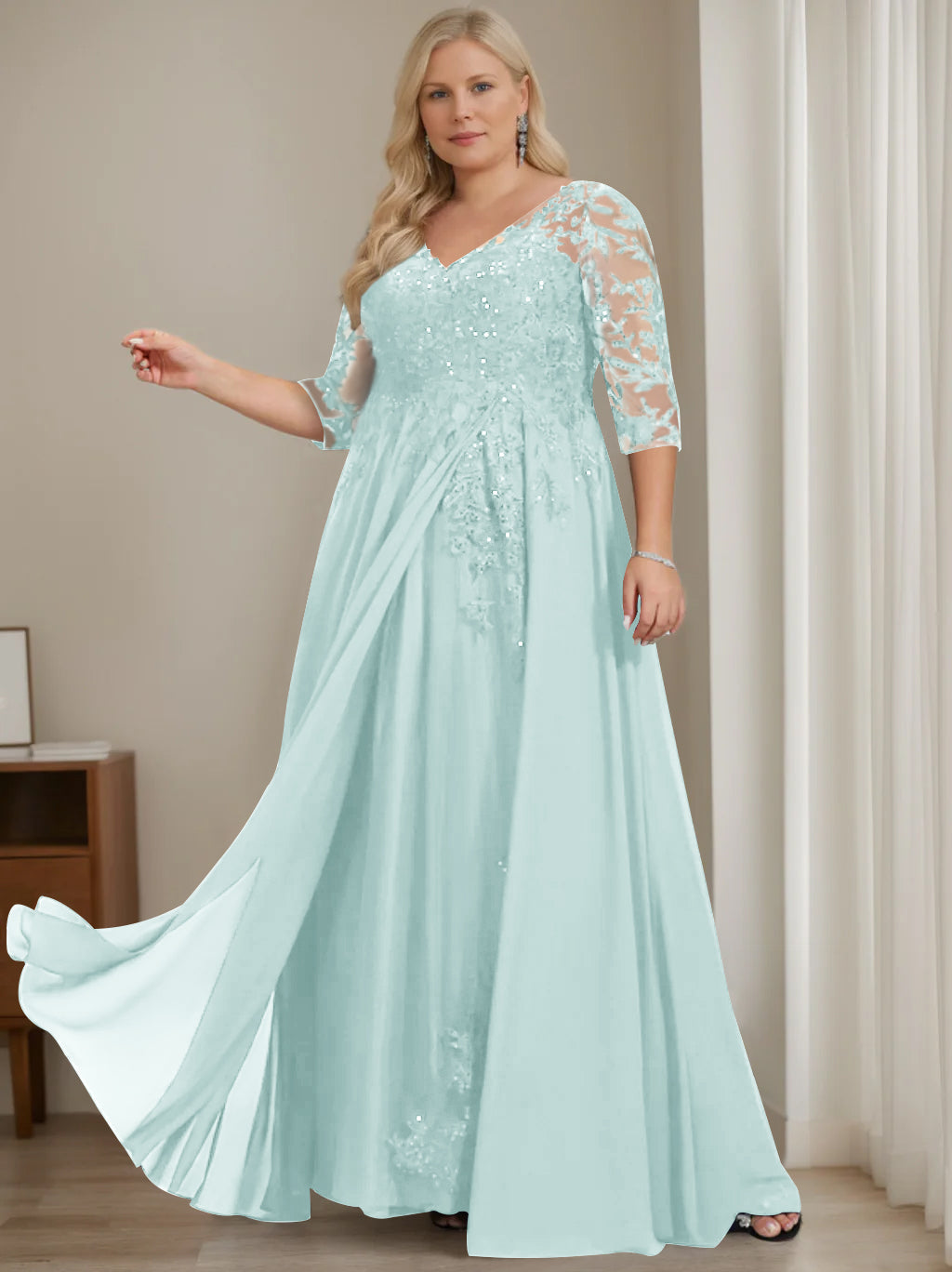Plus Size V Neck A Line Long Mother of the Bride Dress with Half Sleeves and Sequins