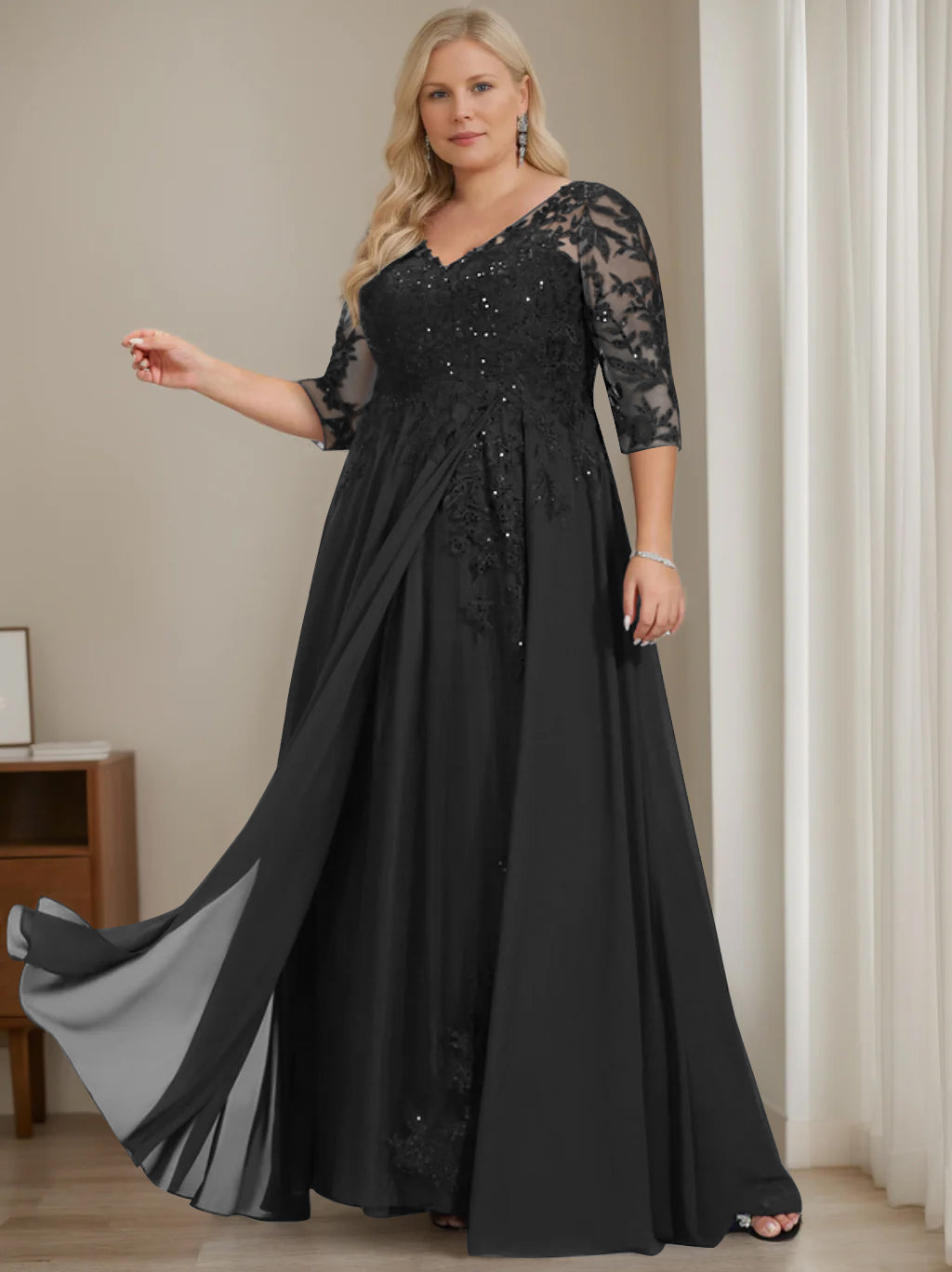 Plus Size V Neck A Line Long Mother of the Bride Dress with Half Sleeves and Sequins