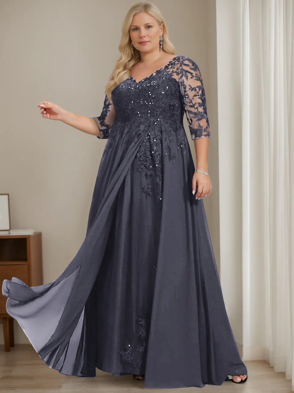 Plus Size V Neck A Line Long Mother of the Bride Dress with Half Sleeves and Sequins