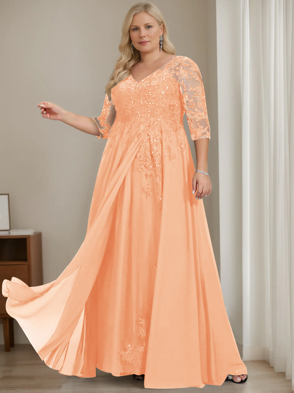 Plus Size V Neck A Line Long Mother of the Bride Dress with Half Sleeves and Sequins