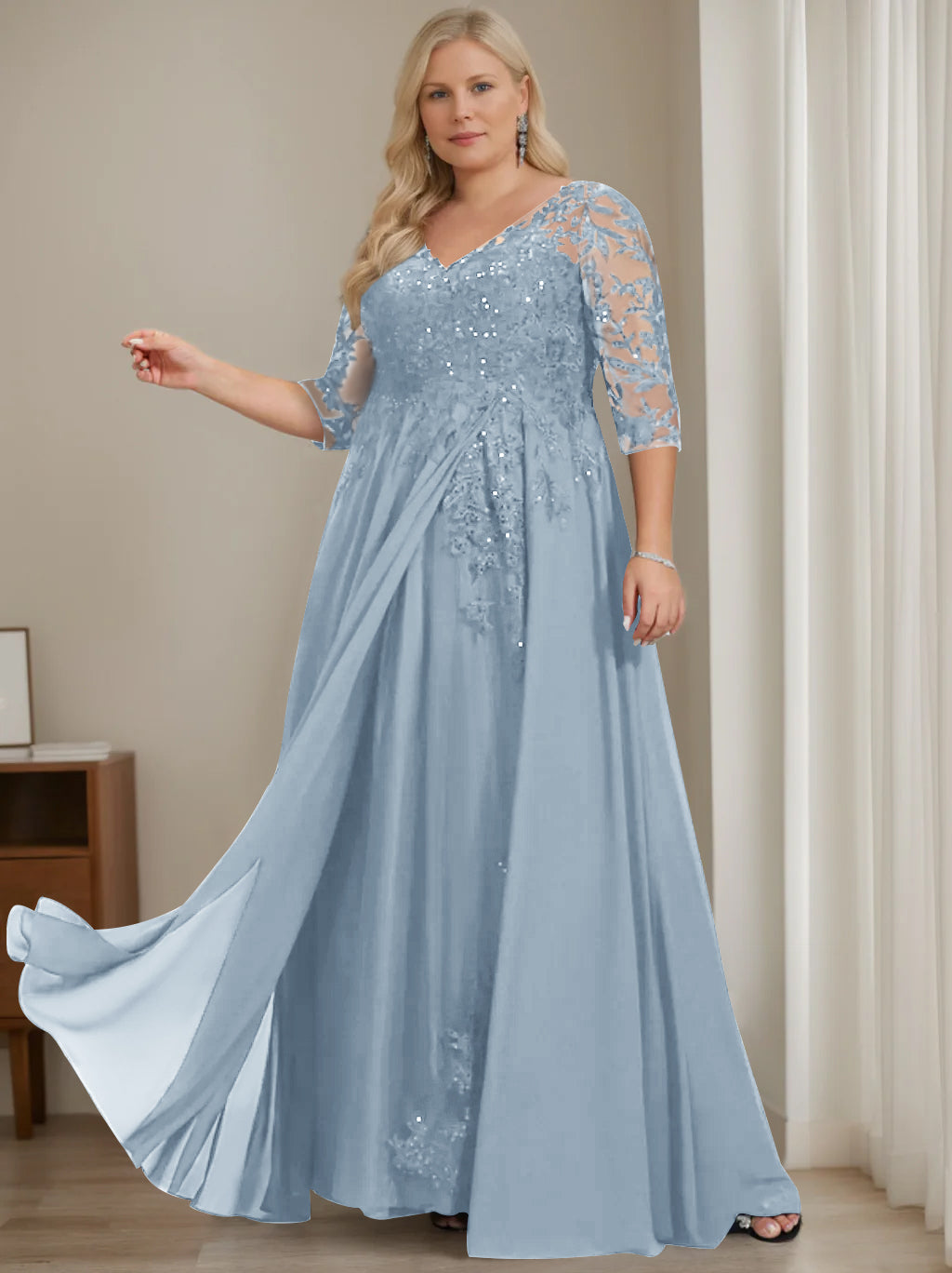 Plus Size V Neck A Line Long Mother of the Bride Dress with Half Sleeves and Sequins