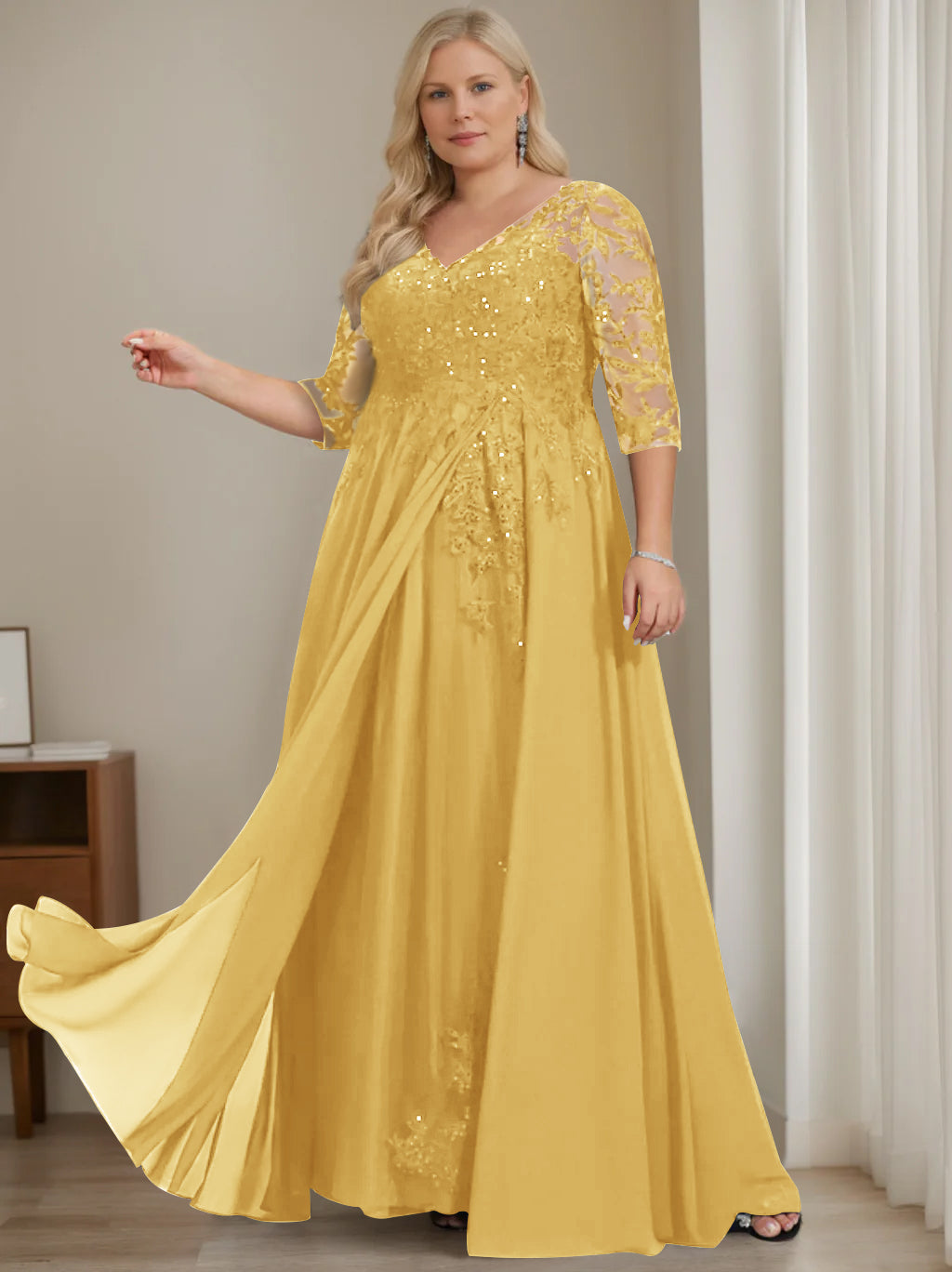 Plus Size V Neck A Line Long Mother of the Bride Dress with Half Sleeves and Sequins