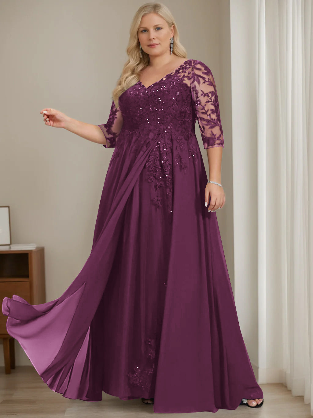 Plus Size V Neck A Line Long Mother of the Bride Dress with Half Sleeves and Sequins