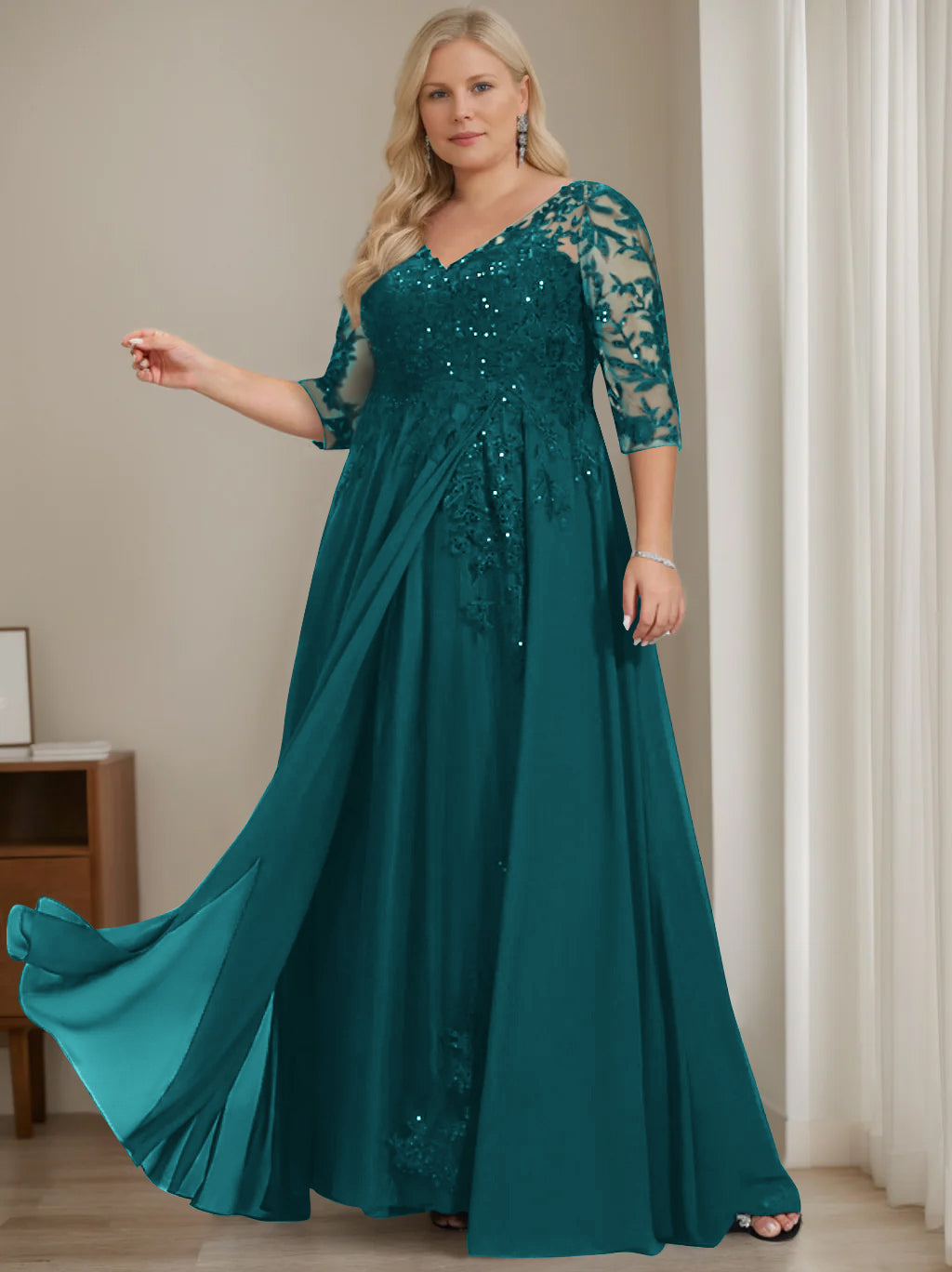 Plus Size V Neck A Line Long Mother of the Bride Dress with Half Sleeves and Sequins